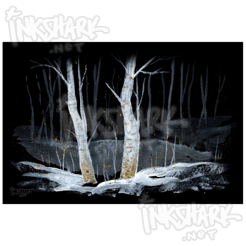 Two eerie winter birch trees painted in gouache and gold ink