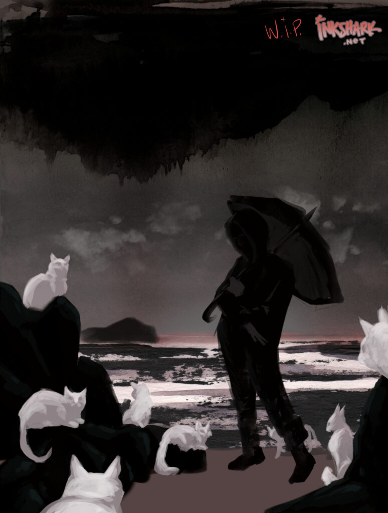 Ominous painting of a shadowy person standing on a beach holding an umbrella, under a stormy sky, surrounded by calm white cats