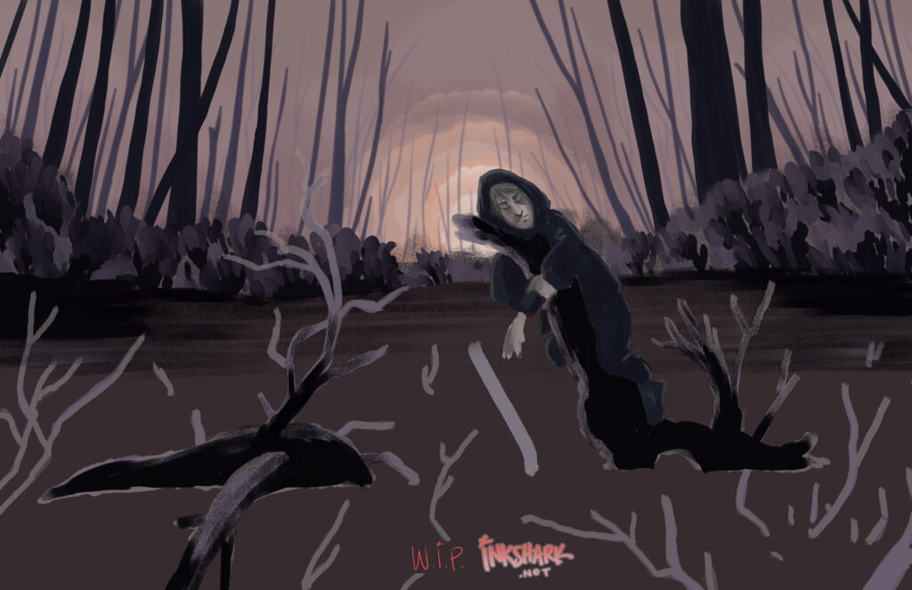 Serene painting of a person casually resting on a log in the center of a marsh, with no apparent means of getting to the forest shore behind them