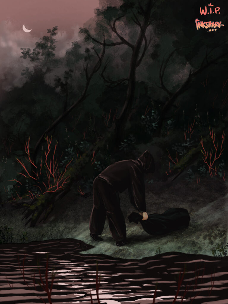 Nearly finished painting of a human figure in a hoodie dragging a sack down from a forest across a beach to some water