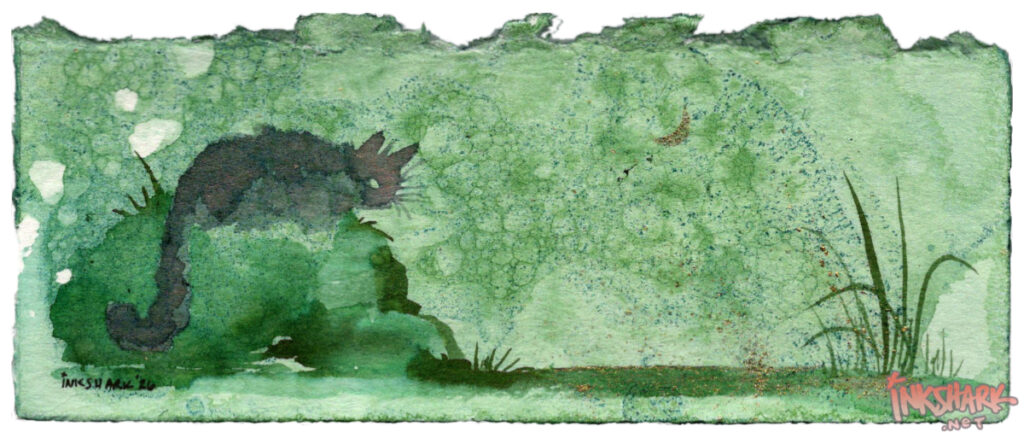 textured watercolor painting with a shimmery ink cat perched on a mossy rock, looking at golden stars