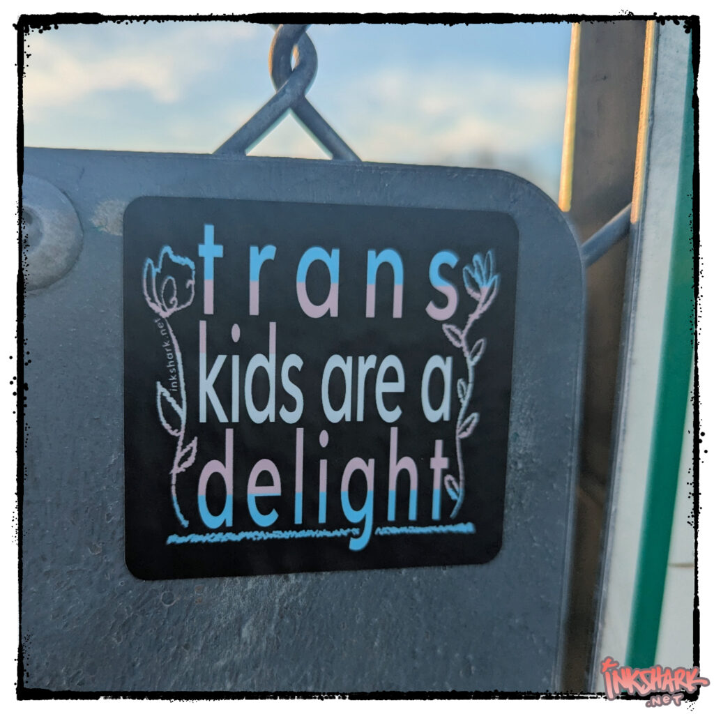 Text colored like the trans Photo of a sticker featuring a flag on a black bg that reads "trans kids are a delight" bookended by scribbly flowers
